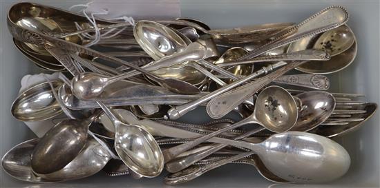 A set of six Scottish Victorian bead-edge silver teaspoons, two sets of coffee spoons (one with tongs) and sundry flatware